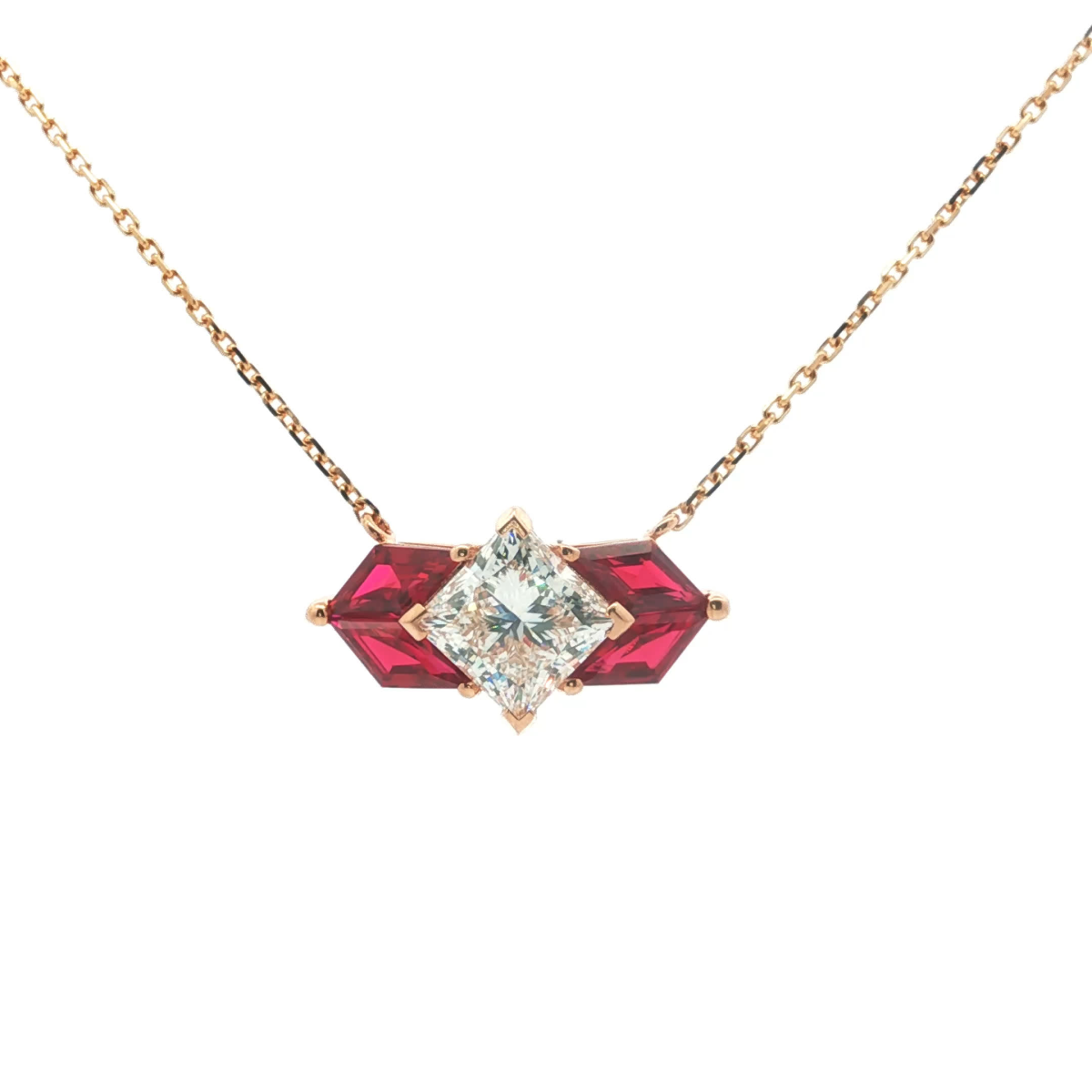 Princess Cut Diamond Pendant with Red Rubies
