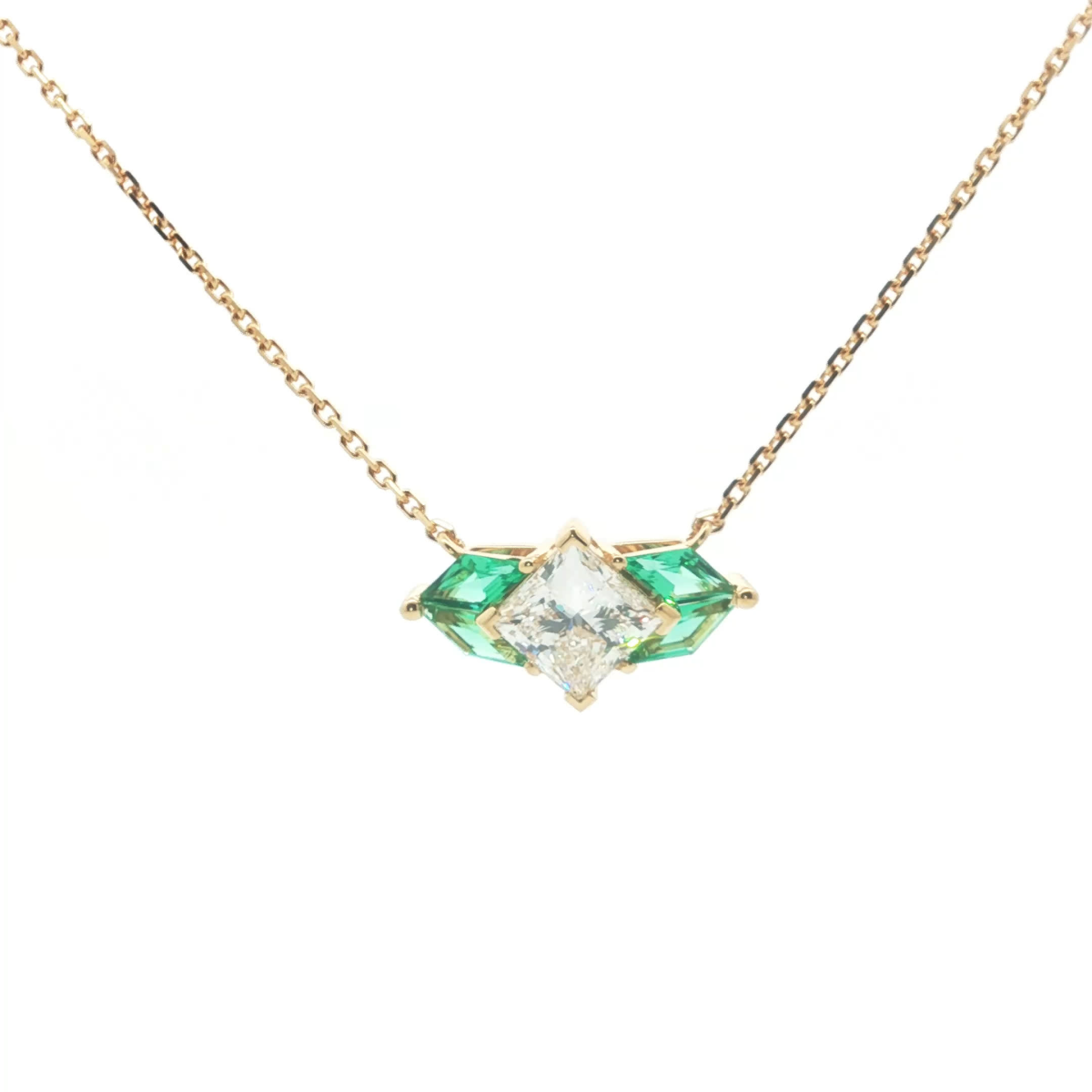 Princess Cut Diamond Pendant with Green Emeralds